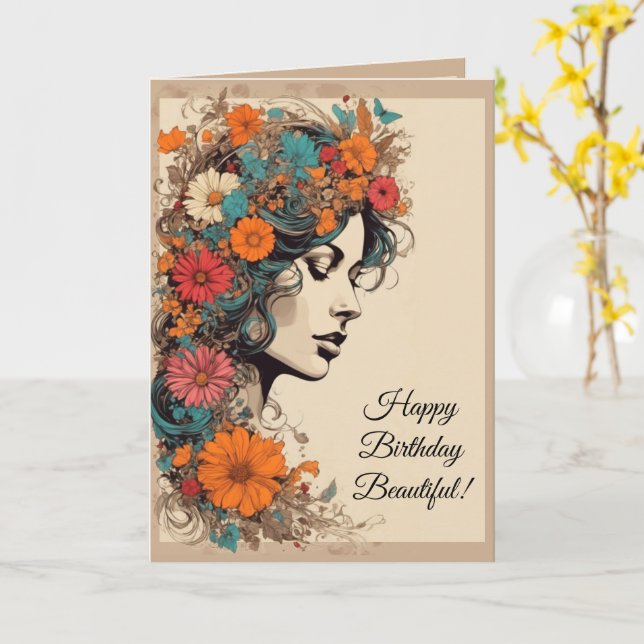60s Hippie Flower Girl Birthday Card (Yellow Flower)