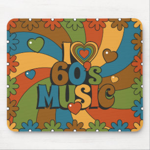 60s Music Hearts Waves and Flowers in Retro Colors Mouse Mat