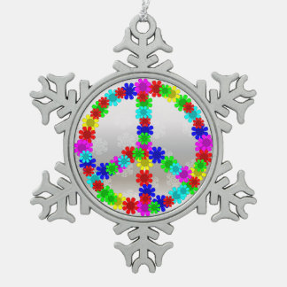 60's Peace Flowers Symbol Snowflake Pewter Christmas Ornament
