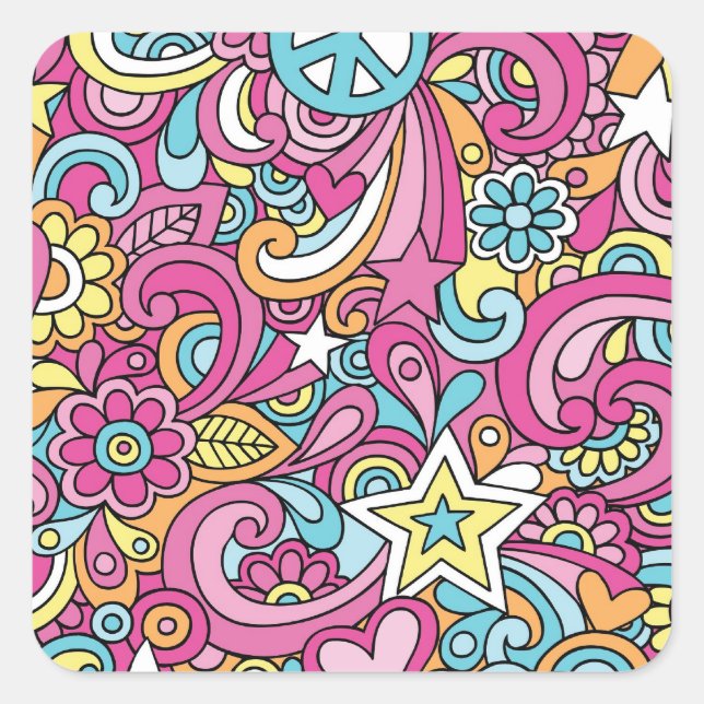60s Retro Hippy Peace Pattern Square Sticker (Front)