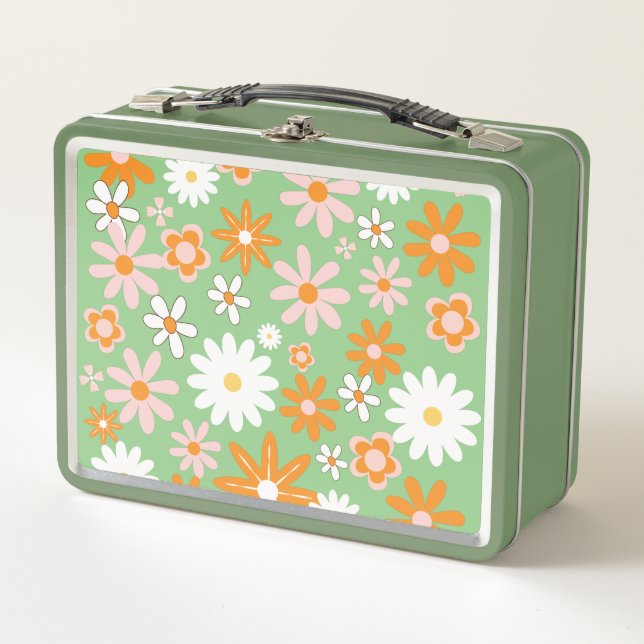 60s Retro Kitchen Flower Avocado Metal Lunch Box (Front)