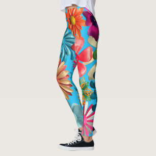 60s Retro MOD Colorful Hippie Daisy Flowers Blue Leggings