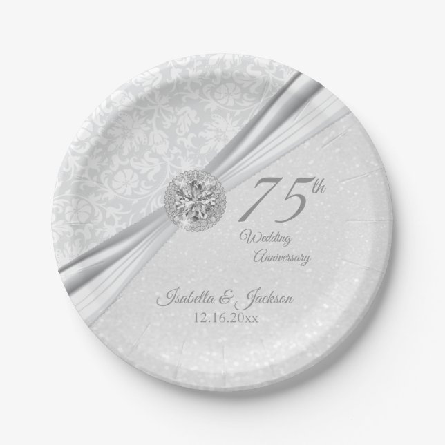 60th / 75th Diamond Anniversary on White Glitter Paper Plate (Front)