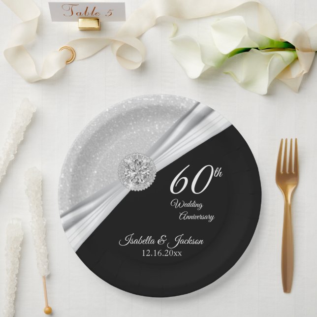 60th / 75th Diamond Wedding Anniversary on Balck Paper Plate (Wedding)