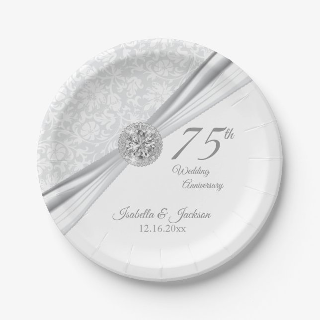 60th / 75th Diamond Wedding Anniversary on White Paper Plate (Front)