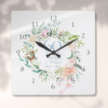 60th / 75th Wedding Anniversary Roses Garland Square Wall Clock<br><div class="desc">Featuring a delicate watercolor floral garland,  this chic botanical 60th or 75th wedding anniversary clock can be personalised with your special diamond or platinum anniversary information in elegant diamond blue text. Designed by Thisisnotme©</div>