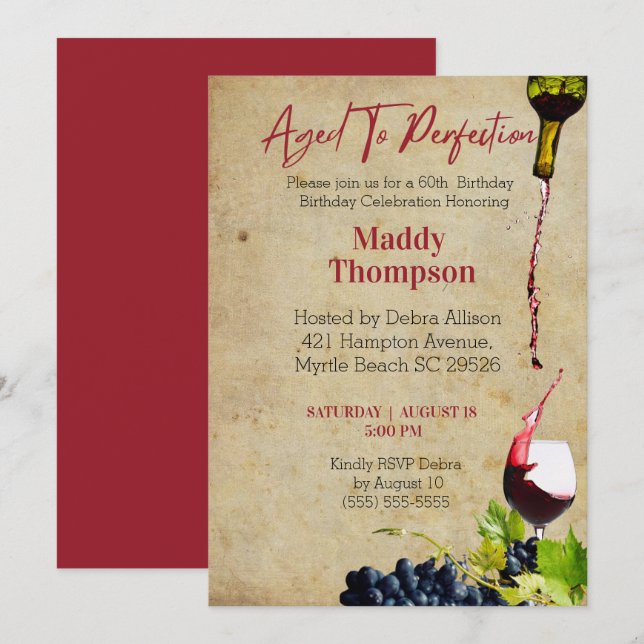 60th Aged to Perfection Wine Birthday Celebration Invitation (Front/Back)