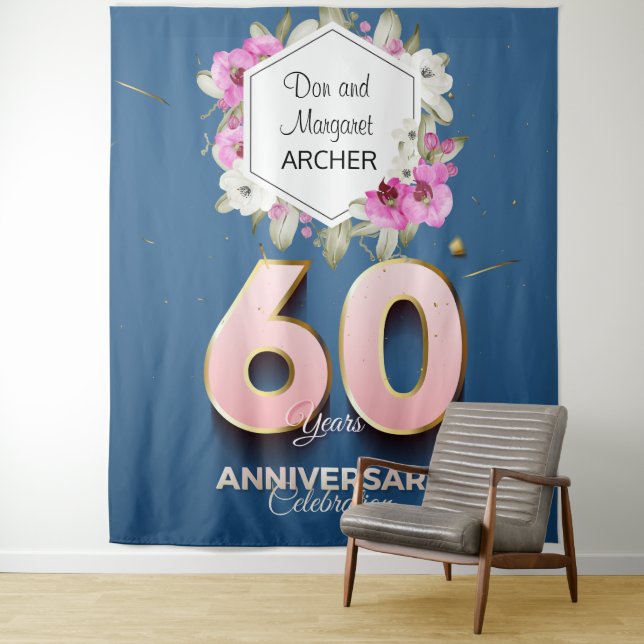 60th Anniversary Celebration Pink Orchids on Blue Tapestry (In Situ)