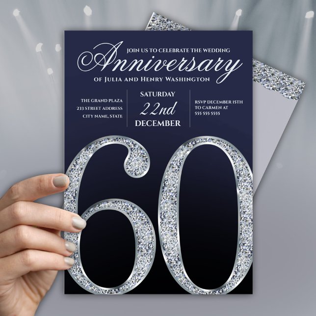 60th Anniversary Diamond Silver Navy Blue Modern Invitation (Creator Uploaded)