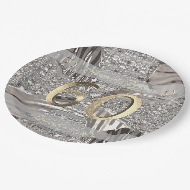 60th Anniversary Diamond Wedding Elegant Faux Gold Paper Plate (Angled)