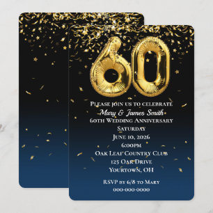60th Anniversary Gold Balloons Confetti Invitation