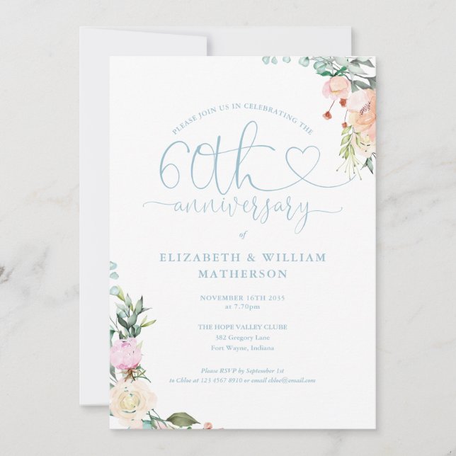 60th Anniversary Heart Script Floral Monogram Invitation (Front)