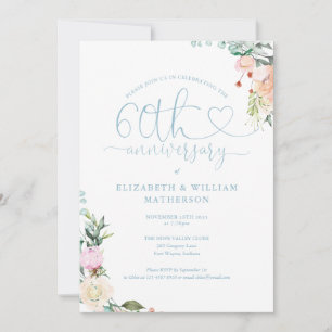 60th Anniversary Heart Script Floral Monogram Invitation