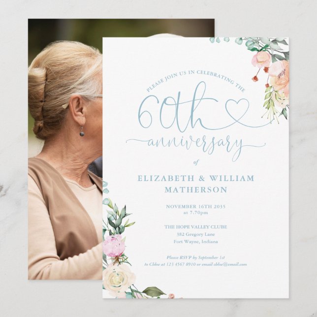 60th Anniversary Heart Script Floral Photo Invitation (Front/Back)