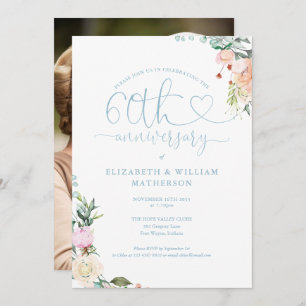 60th Anniversary Heart Script Floral Photo Invitation