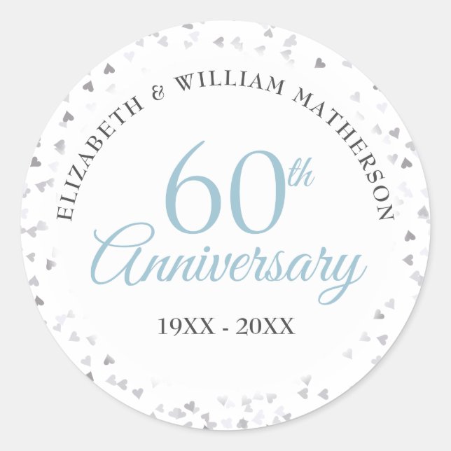 60th Anniversary Hearts Confetti Classic Round Sticker (Front)