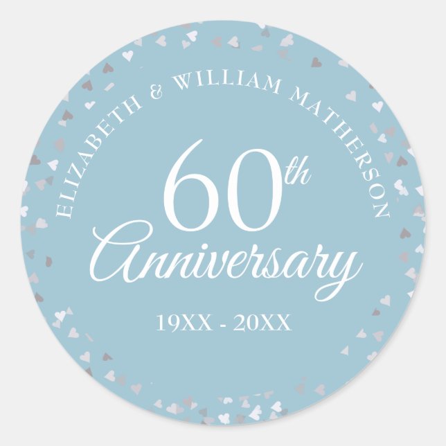60th Anniversary Hearts Confetti Classic Round Sticker (Front)