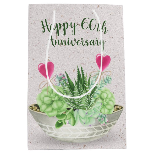 60th Anniversary Hearts in Succulents  Medium Gift Bag (Front)