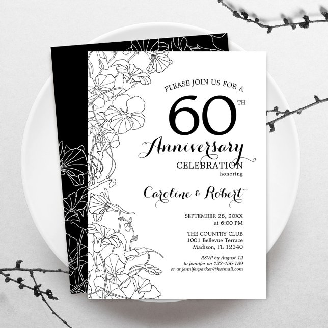 60th Anniversary Invitation - Black White Floral (Creator Uploaded)