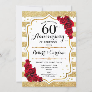 60th Anniversary Invitation - Gold White Red Roses