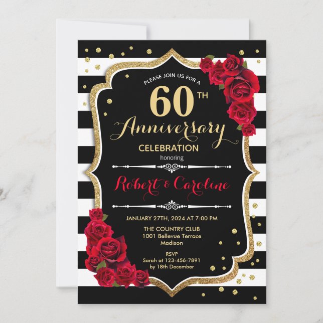 60th Anniversary Invitation - Red Gold Black White (Front)