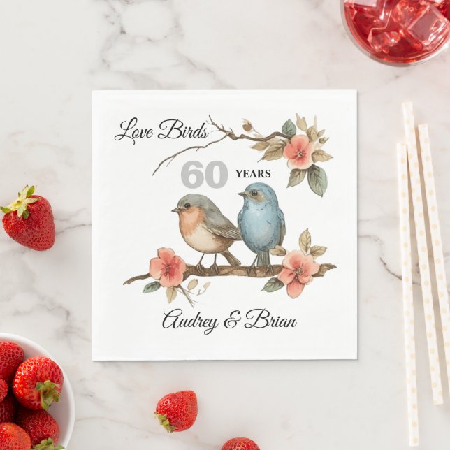 60th Anniversary Love Birds Personalised Napkins (Insitu)