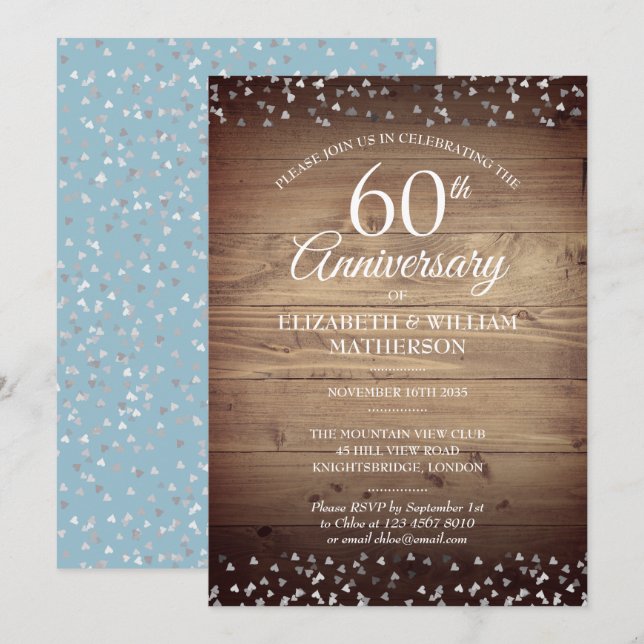 60th Anniversary Love Hearts Confetti Rustic Wood Invitation (Front/Back)