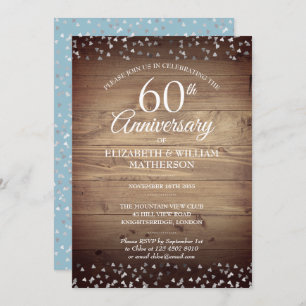60th Anniversary Love Hearts Confetti Rustic Wood Invitation