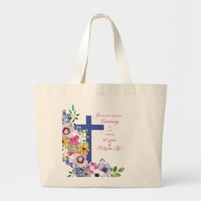 60th Anniversary, Nun, Religious Life Cross Large Tote Bag (Front)