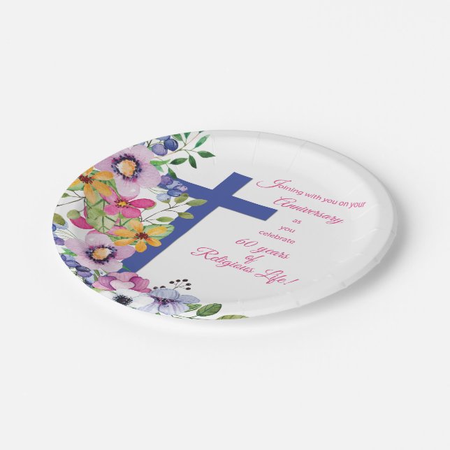 60th Anniversary, Nun, Religious Life Cross Paper Plate (Angled)