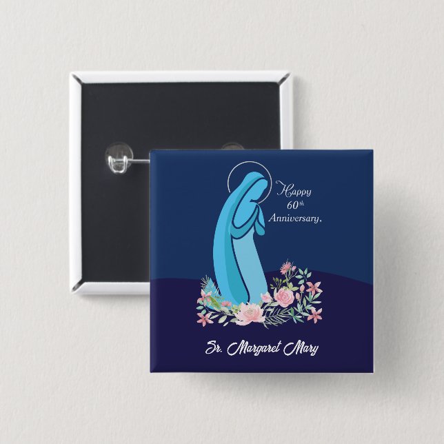 60th Anniversary of Religious Life Nun Pink Flower 15 Cm Square Badge (Front & Back)