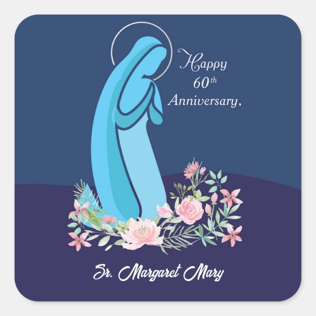 60th Anniversary of Religious Life Nun Pink Flower Square Sticker (Front)