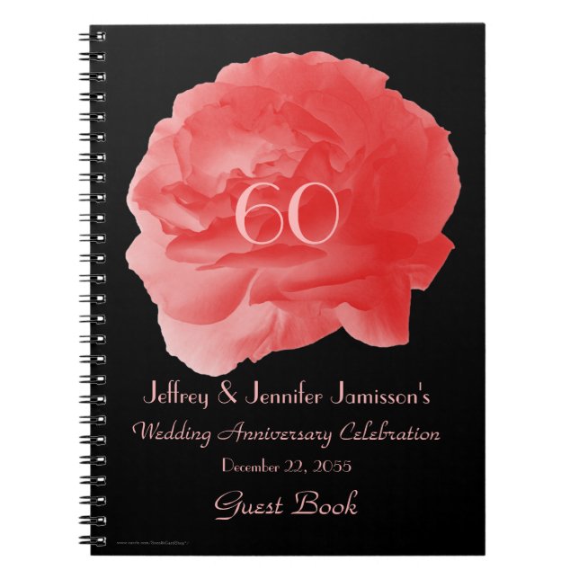 60th Anniversary Party Guest Book, Coral Pink Rose Notebook (Front)