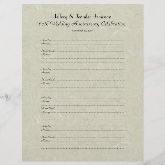 60th Anniversary Party Guest Book Sign-In Page (Front)