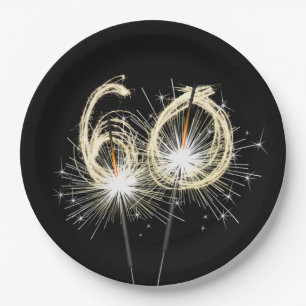 60th Anniversary Party Sparklers on Black   Paper Plate