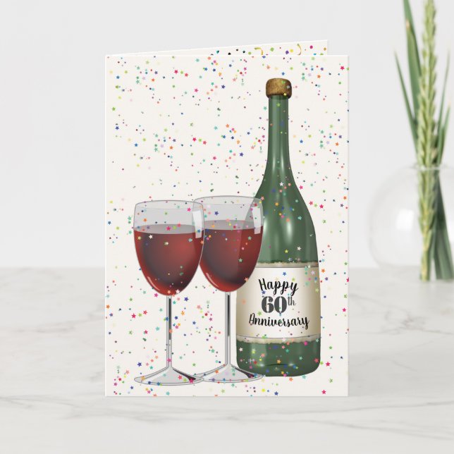 60th Anniversary Party Wine Bottle and Two Glasses Card (Front)