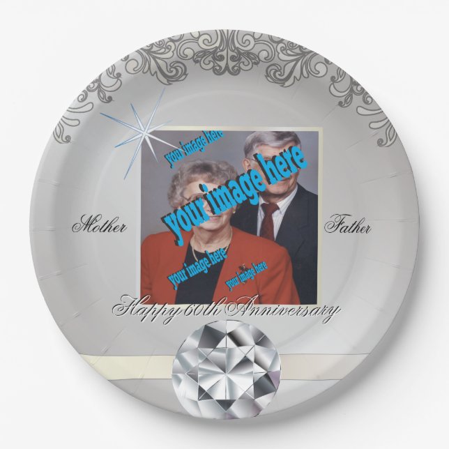 60th Anniversary Personalised Diamond Monogram  Paper Plate (Front)