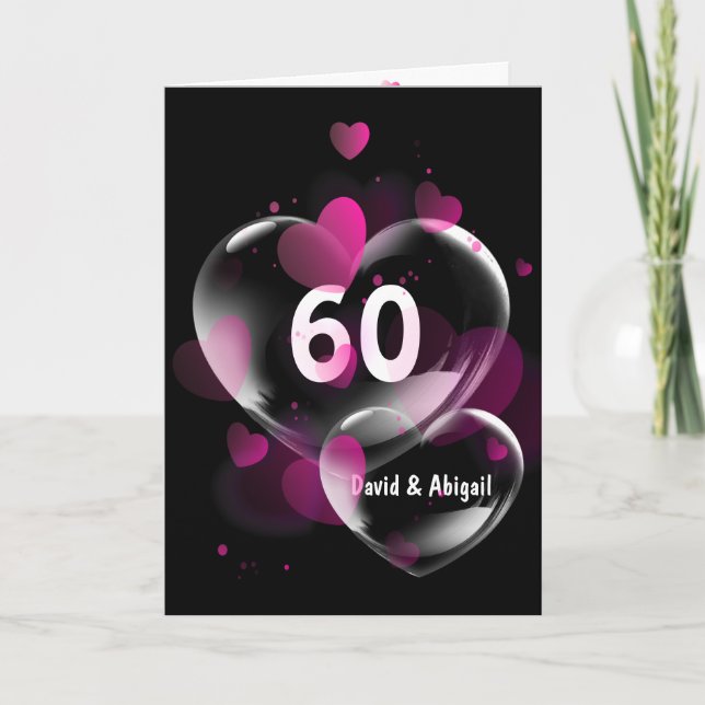 60th Anniversary Pink Heart Bubbles on Black  Card (Front)