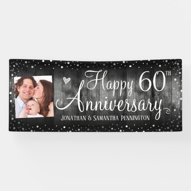 60th Anniversary Rustic Wood Photo Silver Confetti Banner (Horizontal)