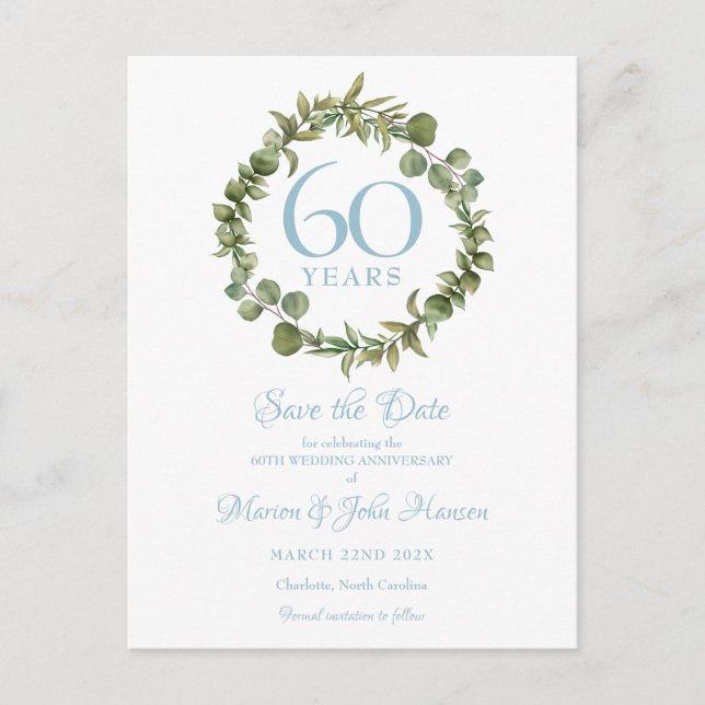 60th Anniversary Save the Date Greenery Garland Announcement Postcard (Front)