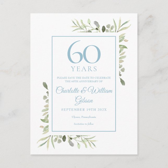 60th Anniversary Save the Date Watercolour Floral Announcement Postcard (Front)