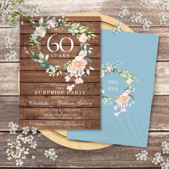 60th Anniversary Surprise Party Floral Rustic Wood Invitation (60th Anniversary Surprise Party Floral Rustic Wood Invitation)