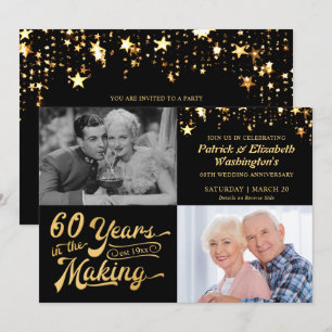 60th Anniversary Then & Now Photos Black and Gold Invitation