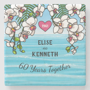 60th Anniversary Tropical Beach Orchids Stone Coaster
