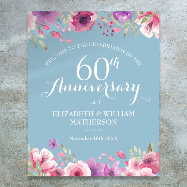 60th Anniversary Watercolor Roses Welcome Sign (60th Anniversary Watercolor Roses Welcome Sign)