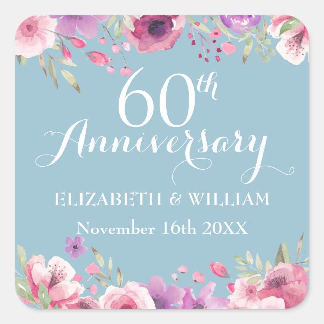60th Anniversary Watercolour Country Roses Square Sticker (Front)
