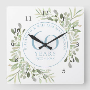 60th Anniversary Watercolour Floral Square Wall Clock
