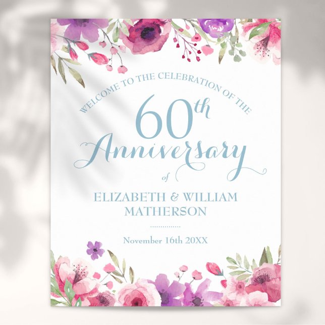 60th Anniversary Watercolour Roses Welcome Sign (60th Anniversary Watercolour Roses Welcome Sign)
