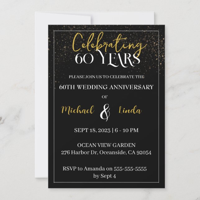 60th Anniversary Wedding Black Gold Golden Invitat Invitation (Front)