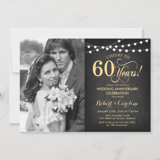60th Anniversary with Photo - Chalkboard and Gold Invitation (Front)